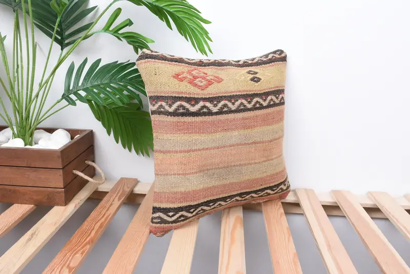 One Of A Kind Cushion Cover, 14x14 Beige Cushion Cover, Pillow for Couch, Kilim Pillow Cover, Cushion Case, Vintage Kilim Pillow - 4