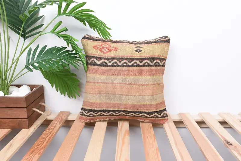 One Of A Kind Cushion Cover, 14x14 Beige Cushion Cover, Pillow for Couch, Kilim Pillow Cover, Cushion Case, Vintage Kilim Pillow - 1
