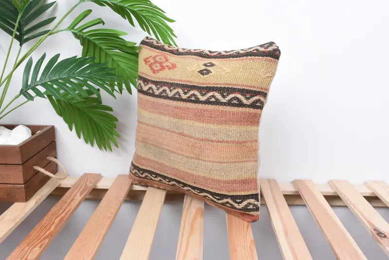 One Of A Kind Cushion Cover, 14x14 Beige Cushion Cover, Pillow for Couch, Kilim Pillow Cover, Cushion Case, Vintage Kilim Pillow - 5