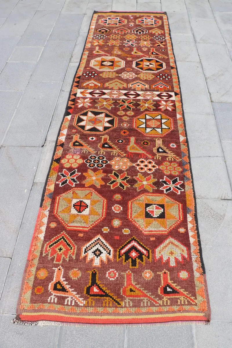 Turkish 2.9x10.7 ft Rug, Runner Vintage Rug, Brown Ikat Wool Rug - 1