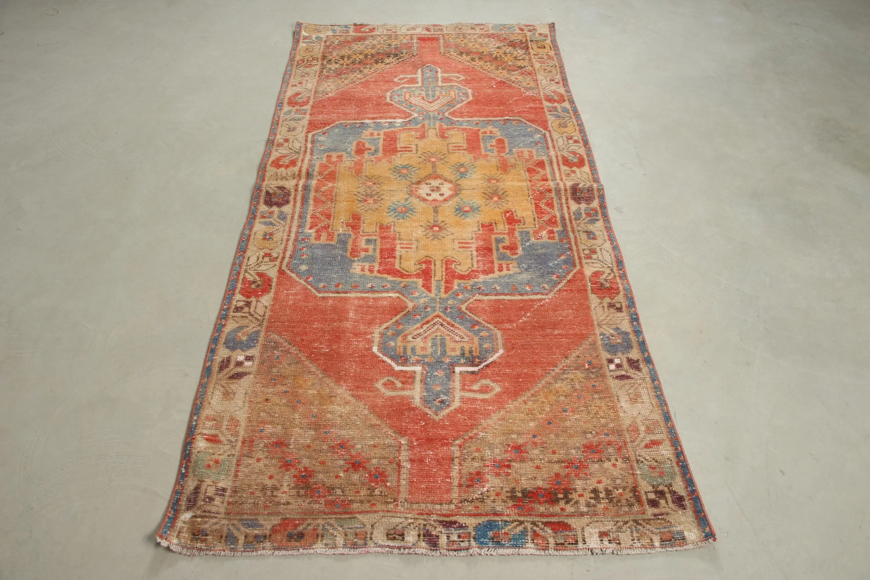 Vintage Turkish Rug, 3.4x7.3 ft Rug, Red Blue Polka dot Wool Rug - 1