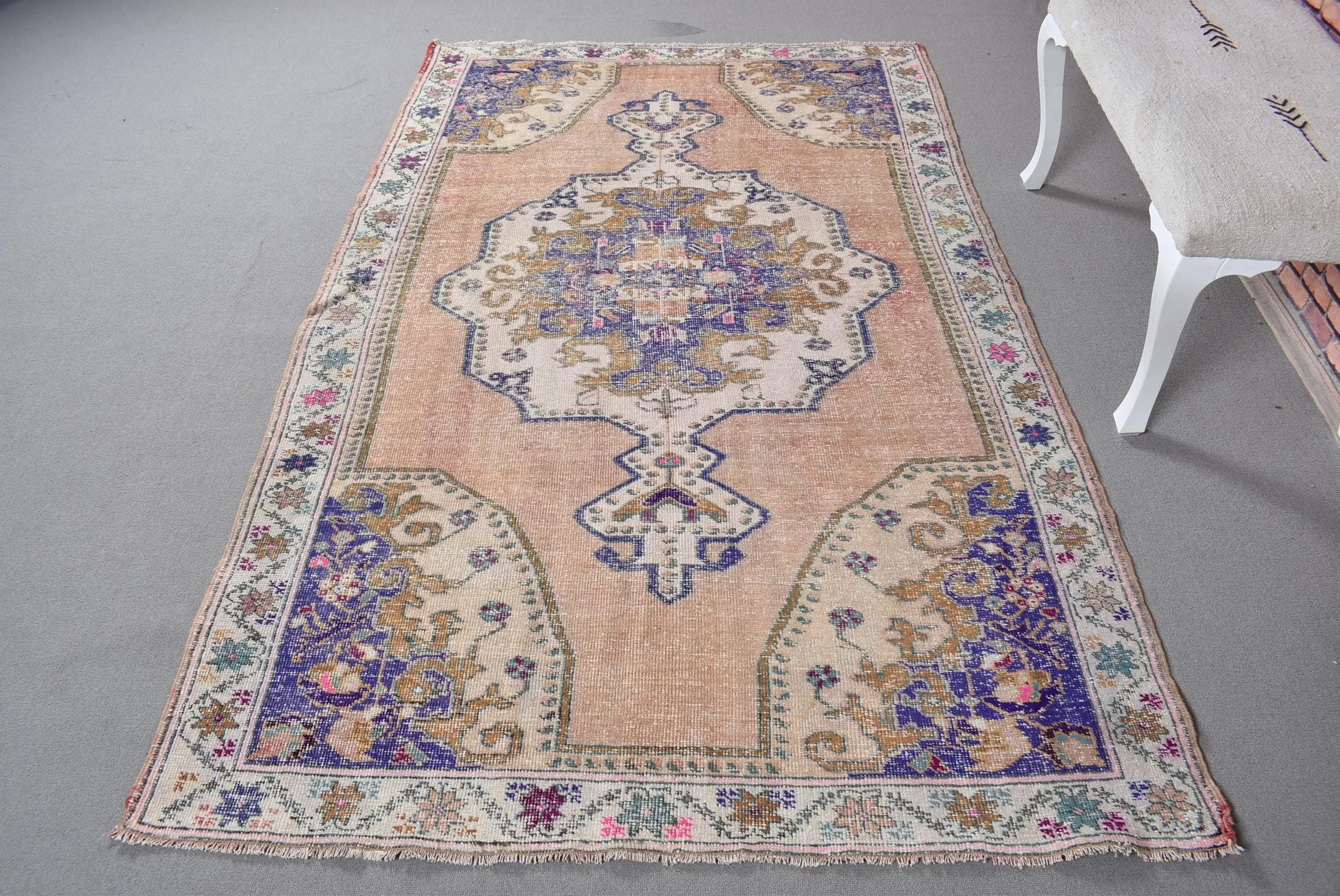 4.7x7.6 ft Vintage Rug, Turkish Area Rug, Blue Brown Bordered Wool Rug - 1