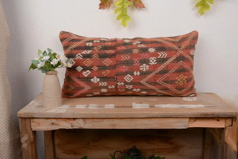 Red & Beige Patchwork Throw Pillow, Vintage Embroidered Cushion