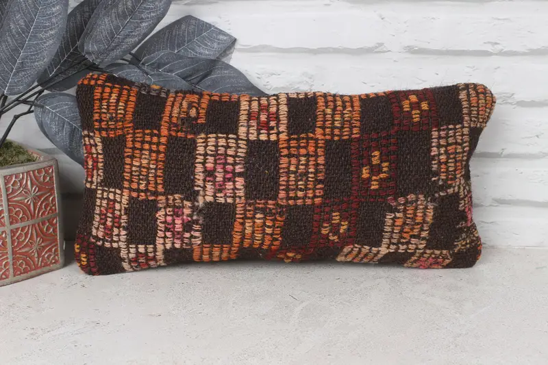 Antique Pillows, Bolster Cushion Cover, Authentic Pillow, Pillow Sham, 8x16 Orange Pillow Case, Turkish Kilim Pillow, Vintage Pillow - 1