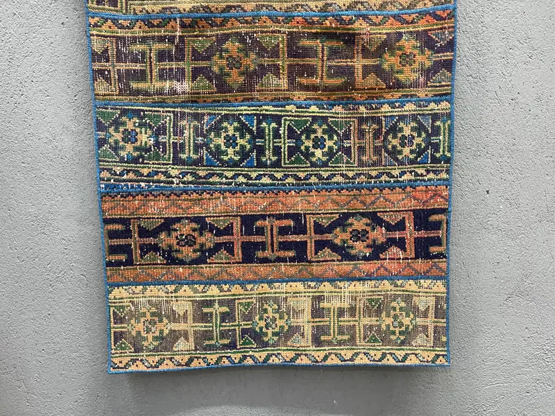 3x3,6 ft Vintage Teppich, türkischer kleiner Teppich, blau brauner marokkanischer Teppich - 1