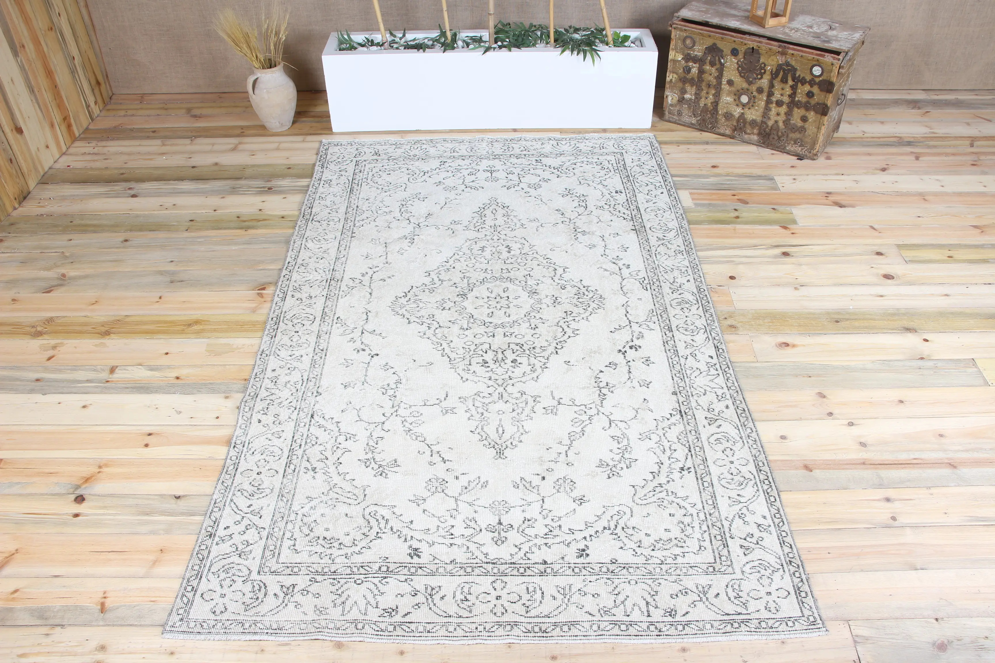 Oushak Halı, 5.3x8.9 ft Türk Halısı, Gri Çiçekli Halı - 1