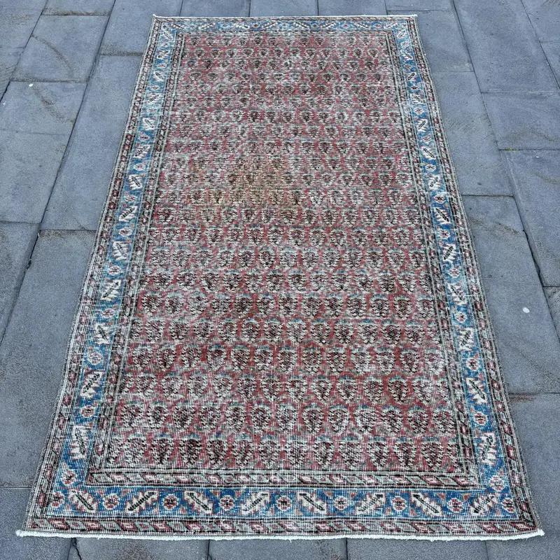 Rot-blauer Teppich, 3,7x6,9 Fuß Pflanzen- und Baummuster