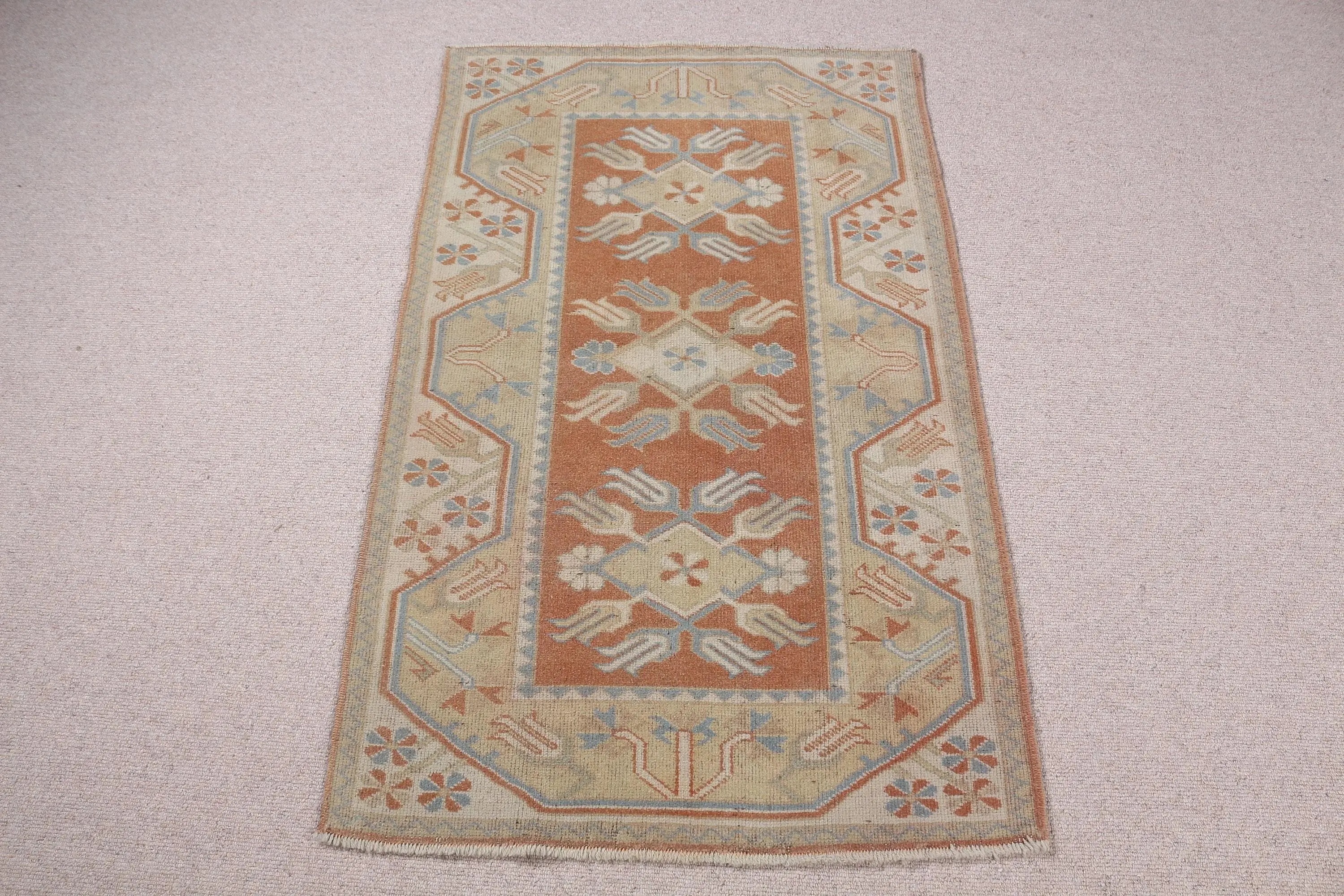 Vintage Teppich, kleiner 2,6x4,1 ft türkischer Teppich, braun-blauer Ikat-Wollteppich - 1
