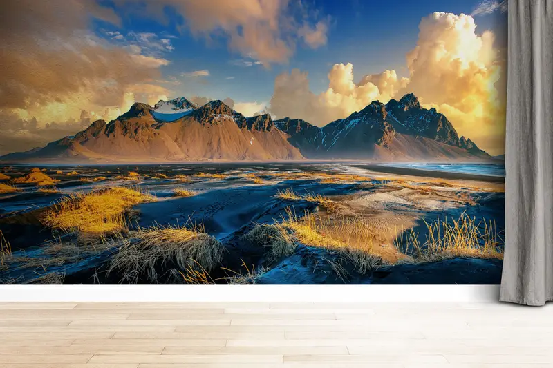 Baskılı Dağ Doğa Manzarası Duvar Kağıdı: Zarif Gökyüzü ve Bulutlar