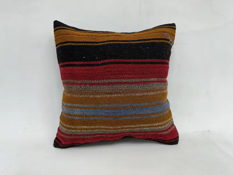 Brown & Red Striped Throw Pillow, 20x20 Inches, Embroidered Vintage Cushion - 1