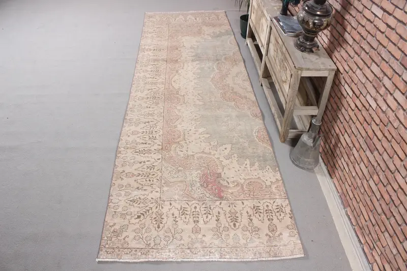 3.6x11.2 ft Halı, Vintage Türk Halısı, Oushak Gri Kamuflaj Halı - 1