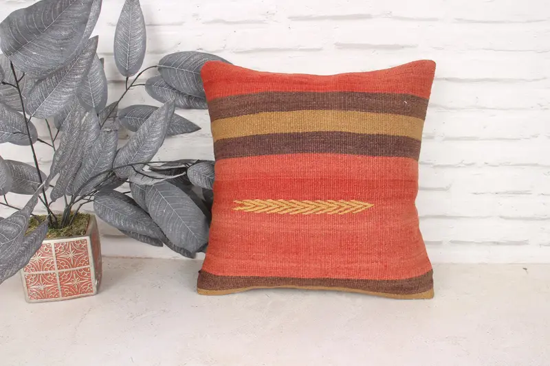 16x16 Orange Cushion Case, Boho Pillow Sham Cover, Ethnical Kilim Rug Pillow, Aztec Cushion Case, Pillow, Handmade Kilim Cushion - 1
