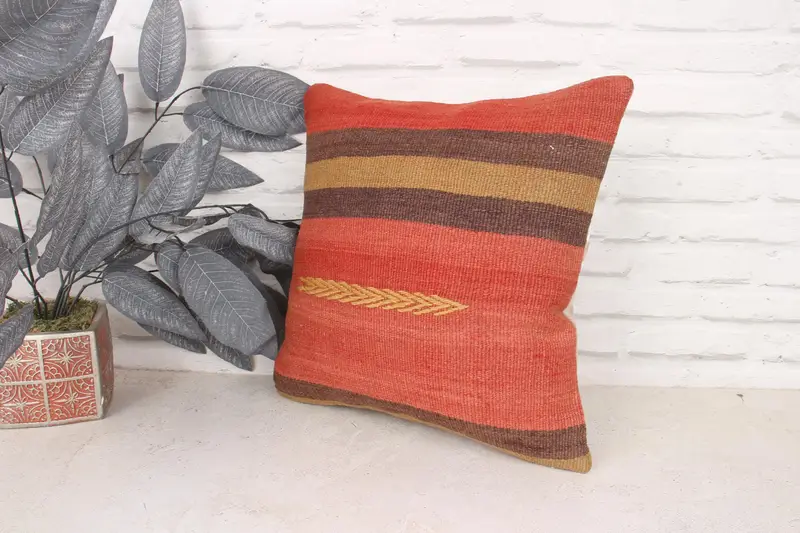 16x16 Orange Cushion Case, Boho Pillow Sham Cover, Ethnical Kilim Rug Pillow, Aztec Cushion Case, Pillow, Handmade Kilim Cushion - 4