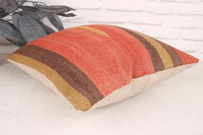 16x16 Orange Cushion Case, Boho Pillow Sham Cover, Ethnical Kilim Rug Pillow, Aztec Cushion Case, Pillow, Handmade Kilim Cushion - 6