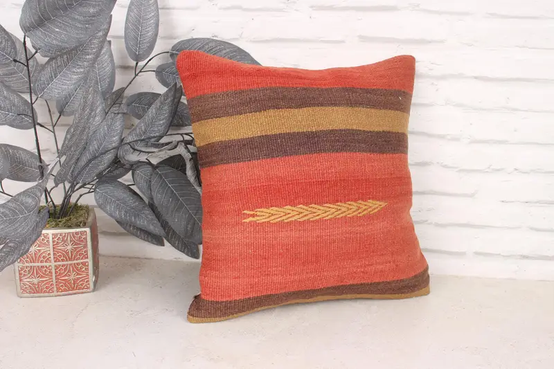 16x16 Orange Cushion Case, Boho Pillow Sham Cover, Ethnical Kilim Rug Pillow, Aztec Cushion Case, Pillow, Handmade Kilim Cushion - 3