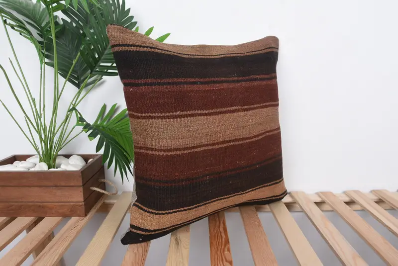 Ethnical Kilim Rug Pillow, Turkish Pillow, Pattern Throw Pillow, Antique Pillows, 20x20 Brown Pillow Cover, Cushion, Traditional Pillow Cover - 4
