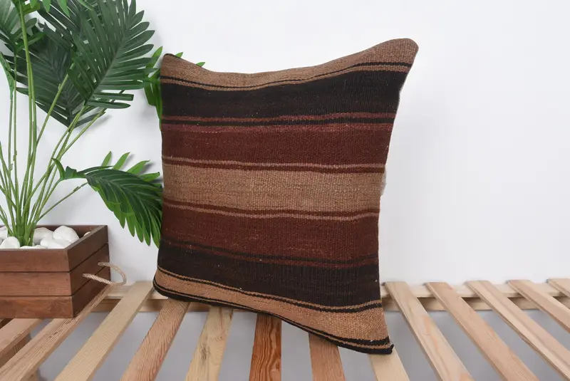 Ethnical Kilim Rug Pillow, Turkish Pillow, Pattern Throw Pillow, Antique Pillows, 20x20 Brown Pillow Cover, Cushion, Traditional Pillow Cover - 5