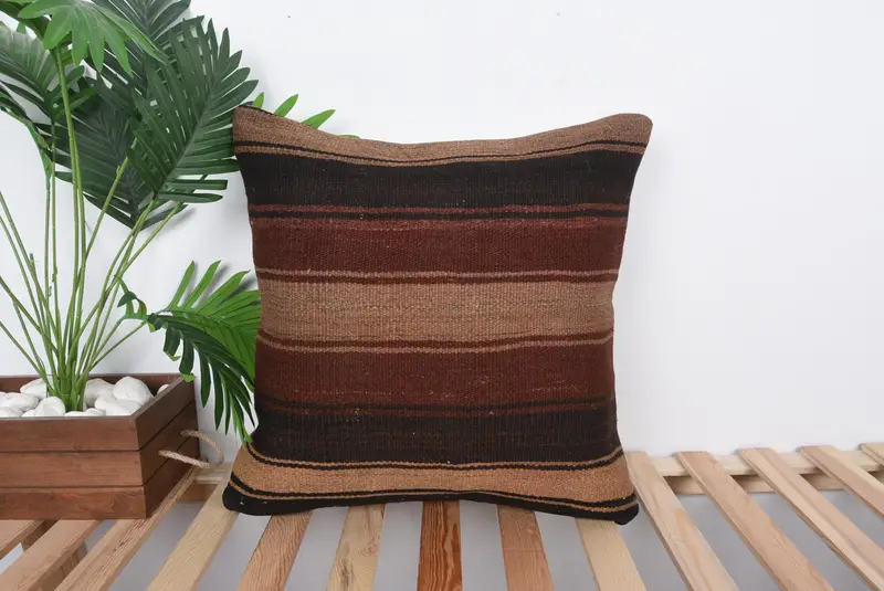 Ethnical Kilim Rug Pillow, Turkish Pillow, Pattern Throw Pillow, Antique Pillows, 20x20 Brown Pillow Cover, Cushion, Traditional Pillow Cover - 1