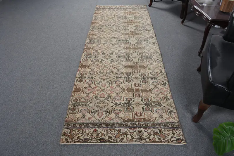 Oushak Halı, 3.1x9 ft Vintage Halı, Kahverengi Çiçekli Halı Yün - 1