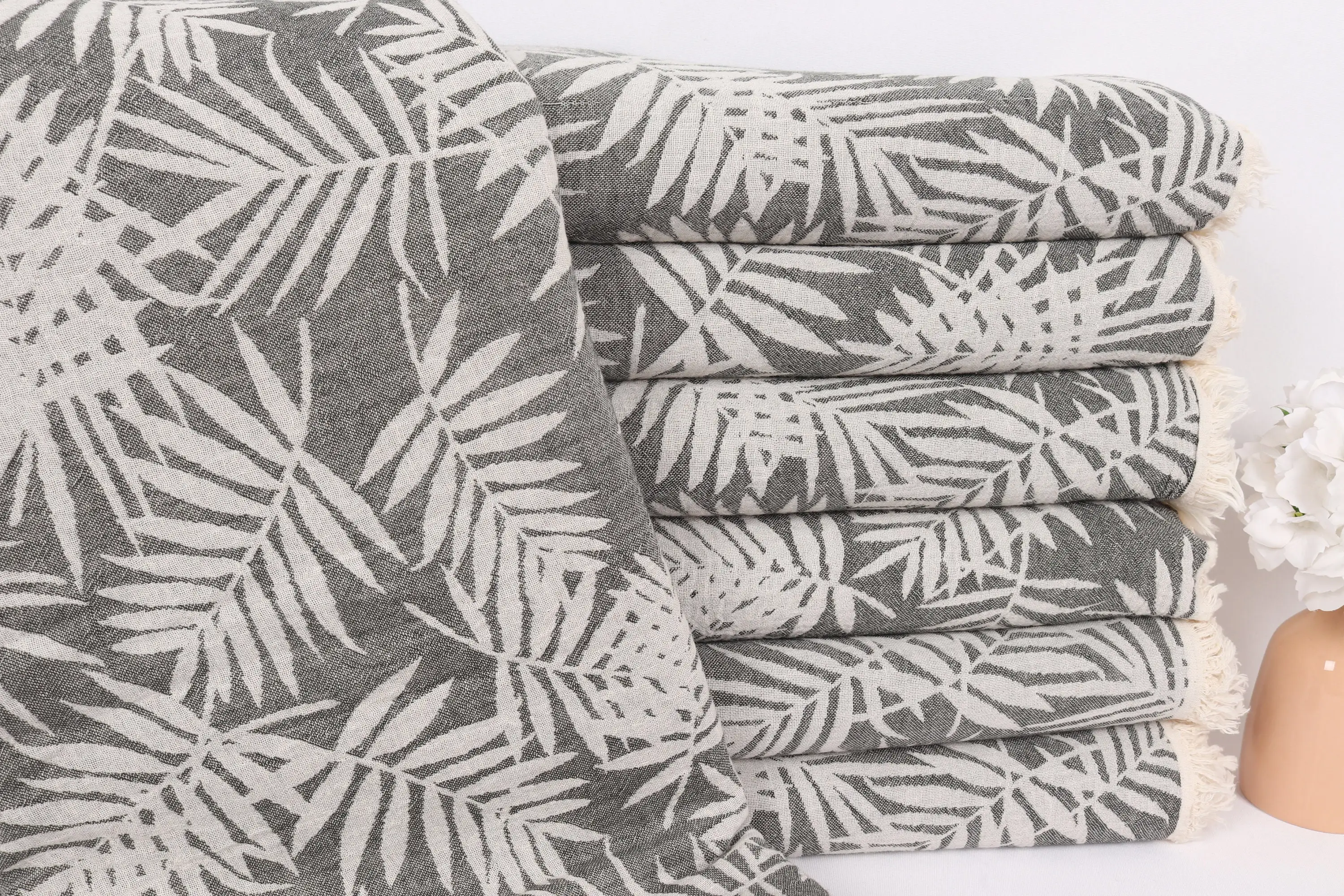 Dark Green Cotton Throw Floral Patterned, Turkish Blanket, 79x99 Inches - 1