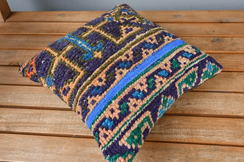 Turkish Pillow, Cushion, Nautical Throw Pillow, Turkish Kilim Pillow, Pillow for Couch, Handmade Rug Seat Pillow, 12x12 Blue Cushion Case - 2