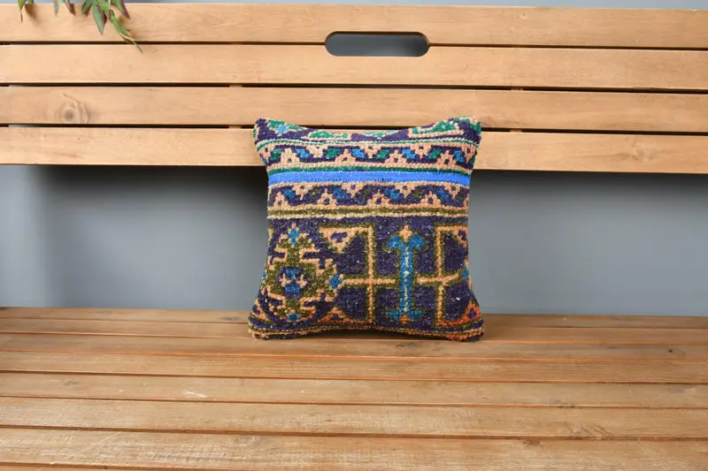 Turkish Pillow, Cushion, Nautical Throw Pillow, Turkish Kilim Pillow, Pillow for Couch, Handmade Rug Seat Pillow, 12x12 Blue Cushion Case - 6