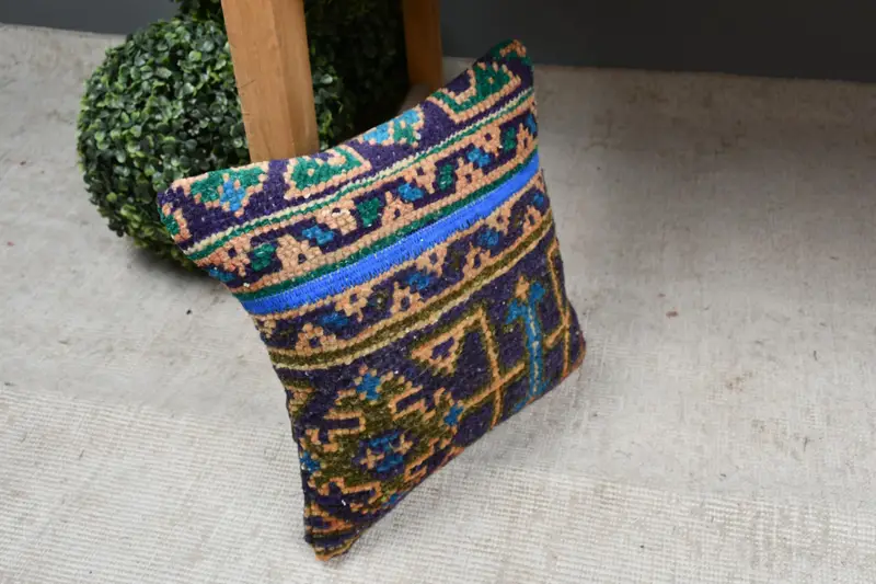 Turkish Pillow, Cushion, Nautical Throw Pillow, Turkish Kilim Pillow, Pillow for Couch, Handmade Rug Seat Pillow, 12x12 Blue Cushion Case - 7