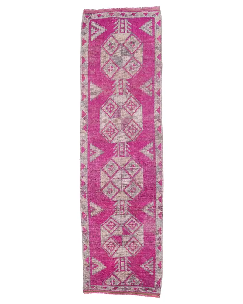 Zarif Pembe ve Bej Kareli Halı, 3,2x11,5 ft