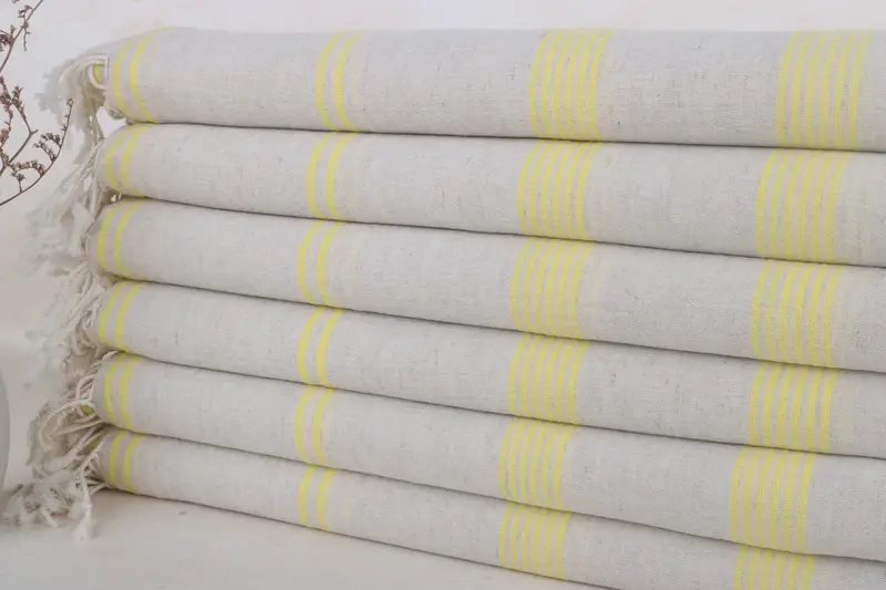 Striped Yellow Organic Cotton Beach Towel, Beige, 36x79 Inches