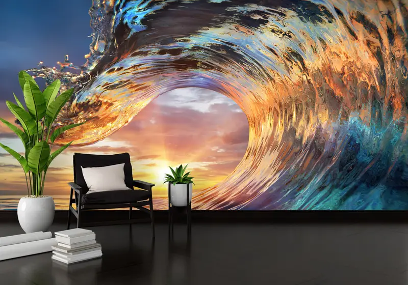Dalga Tepesi Manzara Duvar Kağıdında Baskılı Gün Batımı Işığı