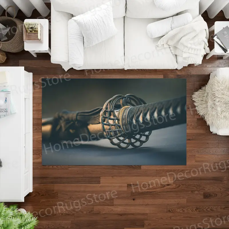 Samurai Blade Design Printed Rug, Japan Katana Inspired Decor