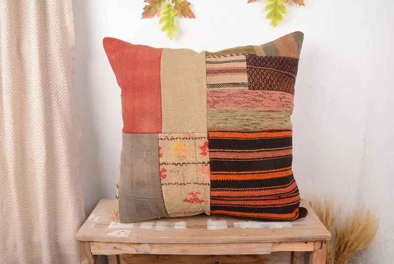 Beige & Orange Patchwork Throw Pillow, Handmade Embroidered Pillow