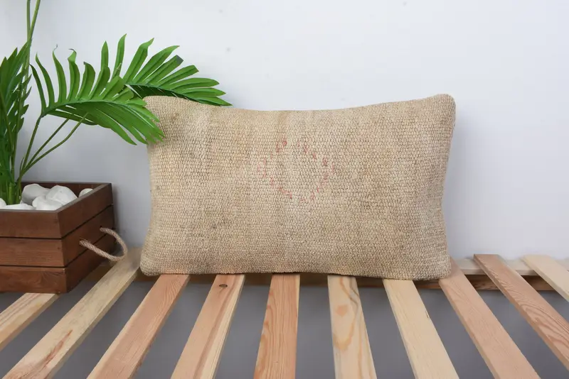 12x20 Beige Pillow Cover, Pillow Case, Pastel Pillow Cover, Turkish Pillow, Boho Pillow, Wool Kilim Pillow Pillow Sham, Handmade Kilim Cushion - 1