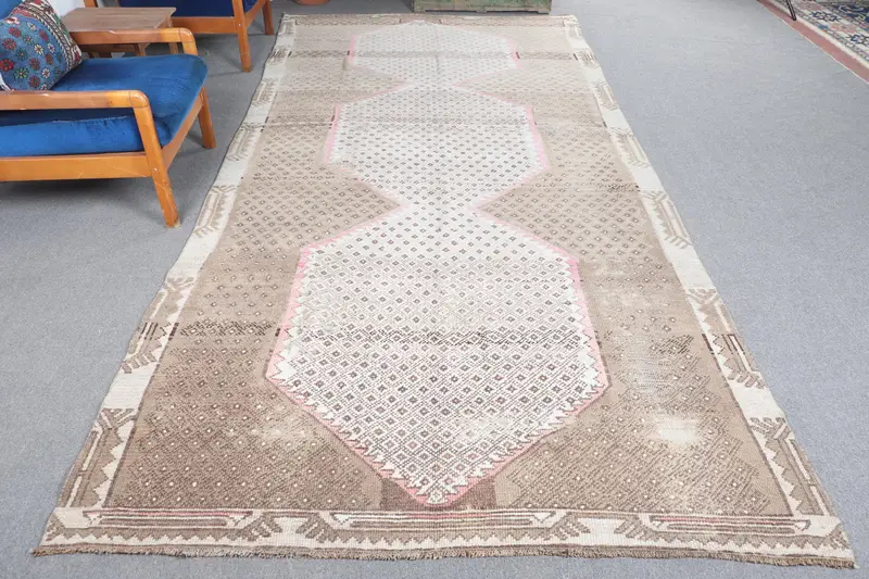 Alfombra turca vintage de gran tamaño 5,7x12,5 pies (174x380 cm), alfombra marrón Ombré Oushak - 1