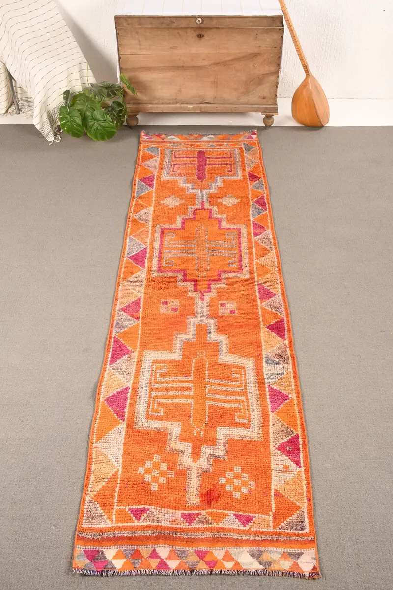 2.6x9.7 ft Rug, Turkish Herki Rug, Vintage Orange Wool Patchwork Rug - 1