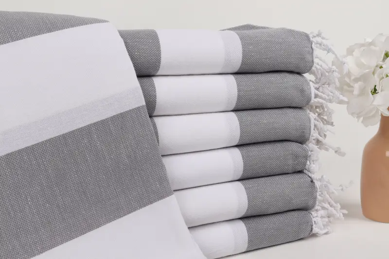 Kişiye Özel Türk Plaj Havlusu Koyu Gri-Beyaz Çizgili, 40x71 İnç