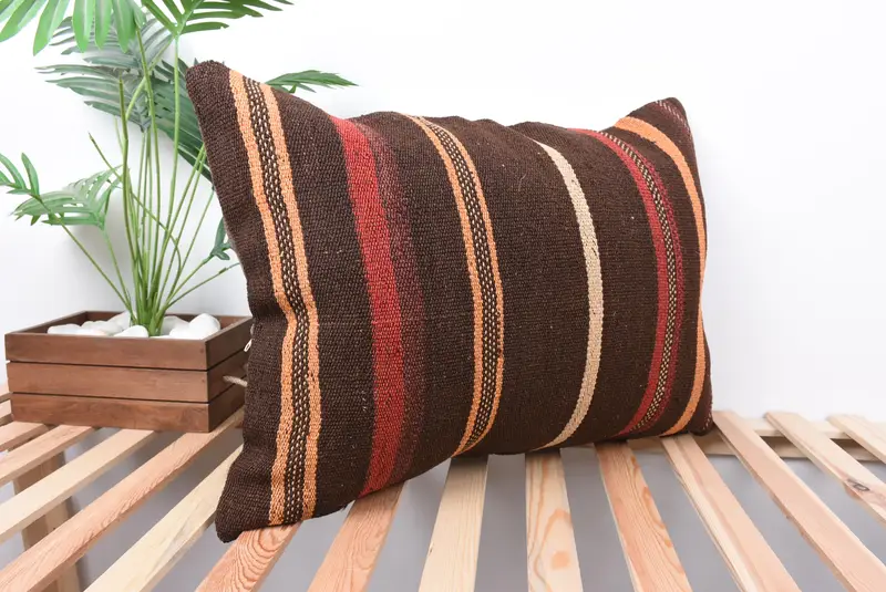Ethnical Kilim Rug Pillow, Cushion, Turkish Kilim Pillow, 20x28 Brown Cushion, Outdoor Bolster Cushion Cover, Pillow for Sofa, Boho Chic Cushion - 4
