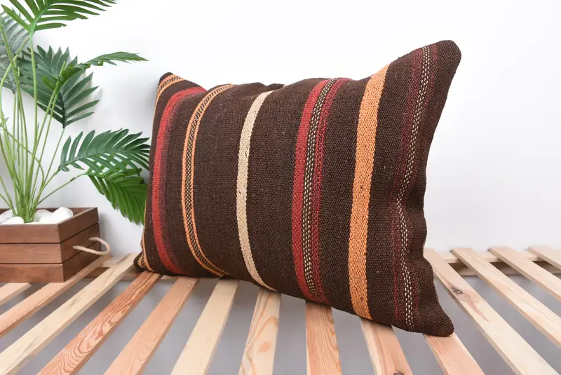 Ethnical Kilim Rug Pillow, Cushion, Turkish Kilim Pillow, 20x28 Brown Cushion, Outdoor Bolster Cushion Cover, Pillow for Sofa, Boho Chic Cushion - 5