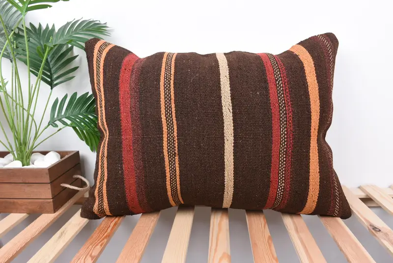 Ethnical Kilim Rug Pillow, Cushion, Turkish Kilim Pillow, 20x28 Brown Cushion, Outdoor Bolster Cushion Cover, Pillow for Sofa, Boho Chic Cushion - 1