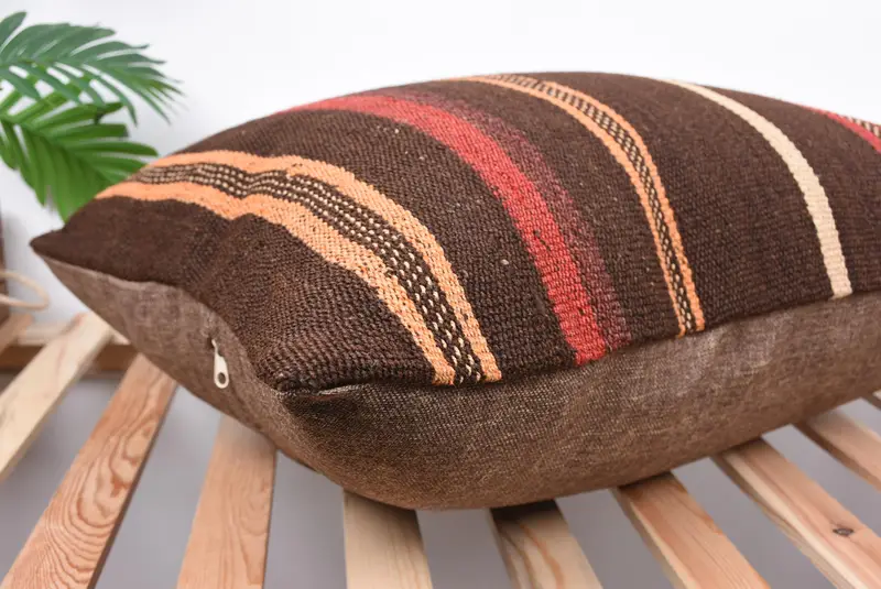 Ethnical Kilim Rug Pillow, Cushion, Turkish Kilim Pillow, 20x28 Brown Cushion, Outdoor Bolster Cushion Cover, Pillow for Sofa, Boho Chic Cushion - 6
