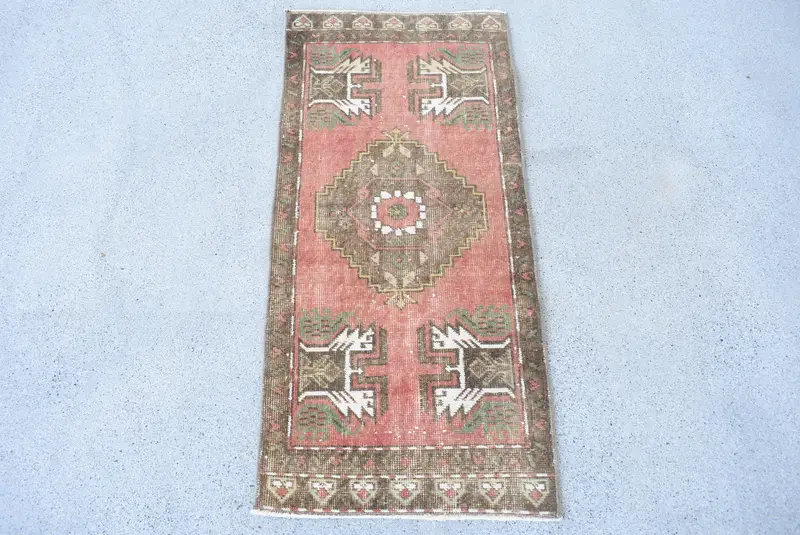 Vintage 1.6x3.4 ft Rug, Oushak Turkish Rug, Orange Floral Rug Wool - 1