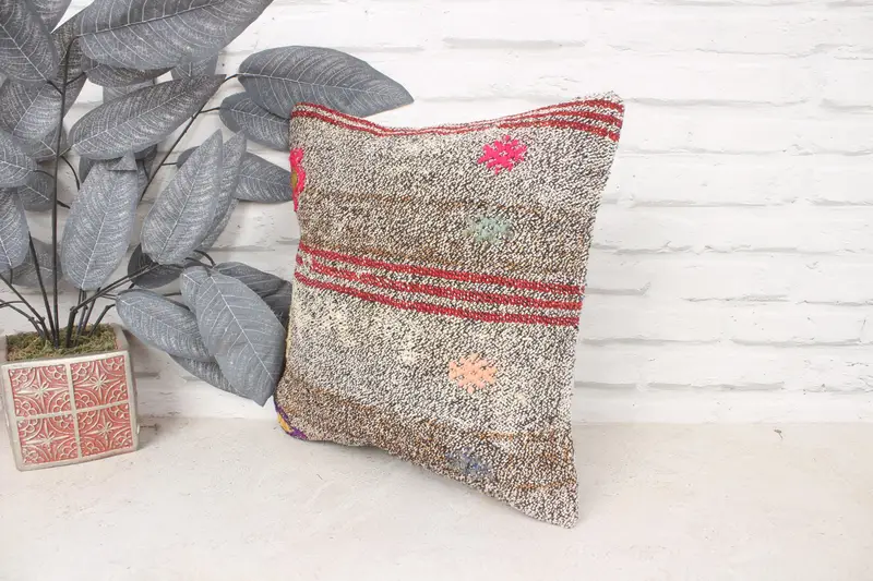 Vintage Kilim Pillow, Nautical Throw Pillow Case, Kilim Cushion Sham, 14x14 Brown Pillow Cover, Turkish Kilim Pillow, Pillow Sham - 4