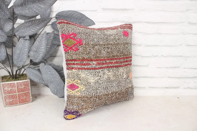 Vintage Kilim Pillow, Nautical Throw Pillow Case, Kilim Cushion Sham, 14x14 Brown Pillow Cover, Turkish Kilim Pillow, Pillow Sham - 3