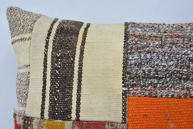 Handmade Rug Seat Cushion Case, Turkish Pillow, Antique Pillows, Ikat Pillow, 16x24 Orange Cushion, Boho Pillow Sham Cover, Pillow Case - 2