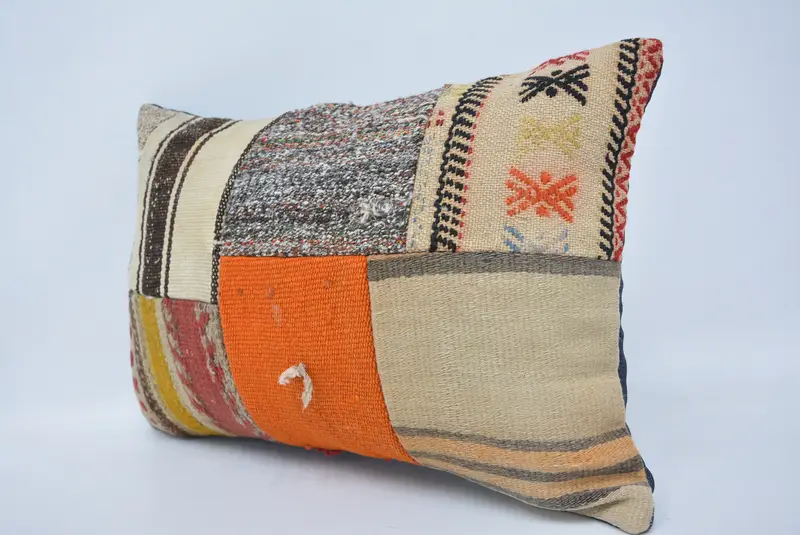Handmade Rug Seat Cushion Case, Turkish Pillow, Antique Pillows, Ikat Pillow, 16x24 Orange Cushion, Boho Pillow Sham Cover, Pillow Case - 4
