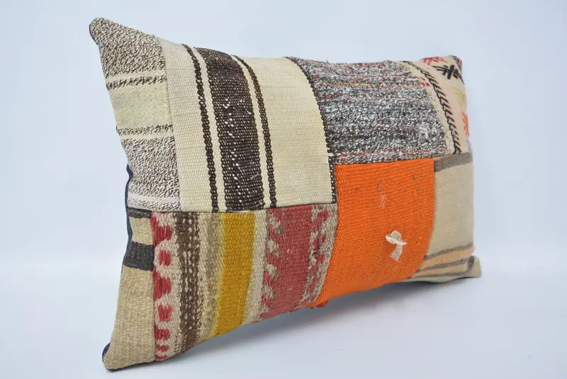 Handmade Rug Seat Cushion Case, Turkish Pillow, Antique Pillows, Ikat Pillow, 16x24 Orange Cushion, Boho Pillow Sham Cover, Pillow Case - 3