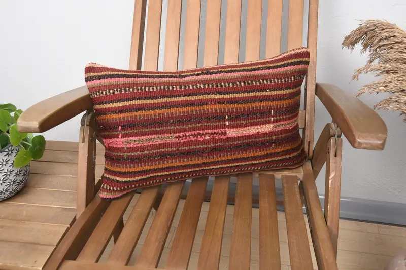 Ethnical Kilim Rug Pillow, Pillow for Sofa, Pillow Case, Kilim Pillow Cover, Rustic Pillow Sham, 12x20 Red Pillow Sham, Nautical Throw Cushion - 1