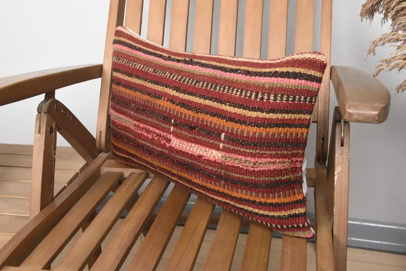 Ethnical Kilim Rug Pillow, Pillow for Sofa, Pillow Case, Kilim Pillow Cover, Rustic Pillow Sham, 12x20 Red Pillow Sham, Nautical Throw Cushion - 3