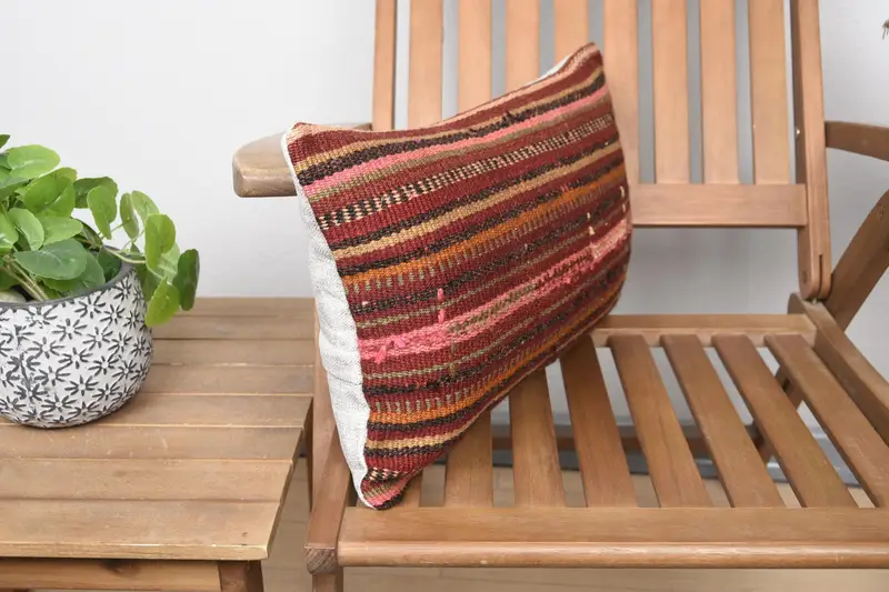 Ethnical Kilim Rug Pillow, Pillow for Sofa, Pillow Case, Kilim Pillow Cover, Rustic Pillow Sham, 12x20 Red Pillow Sham, Nautical Throw Cushion - 2