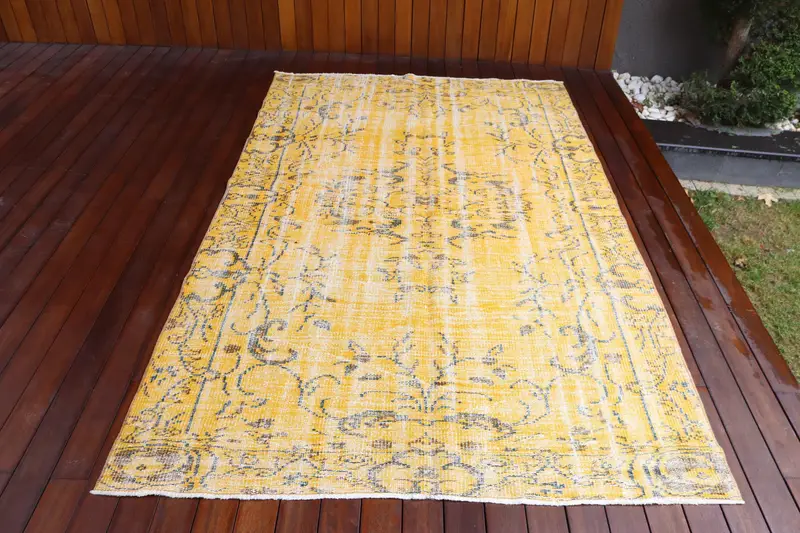 Oushak Vintage Halı, 5x8.1 ft Türk Halısı, Sarı Oryantal Yün Halı - 1